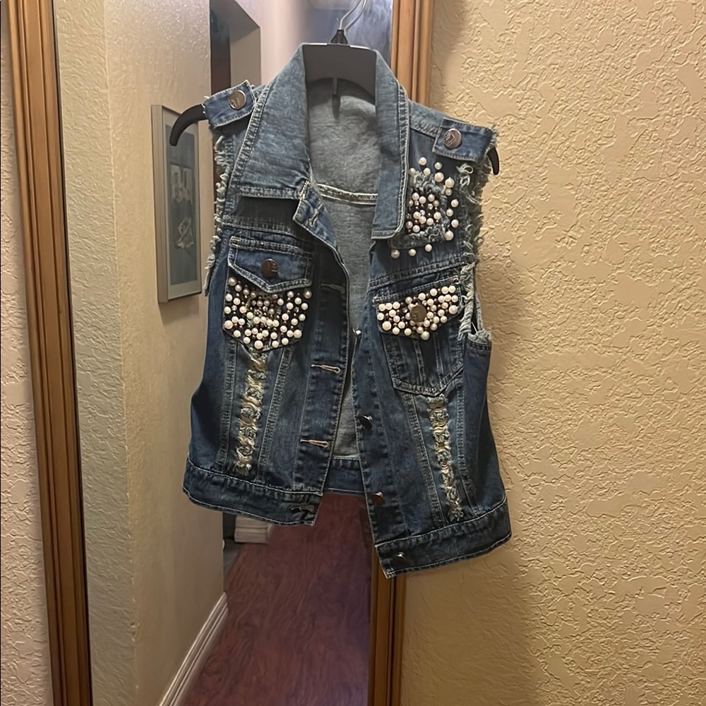 Embellished Denim Vest with Pearls